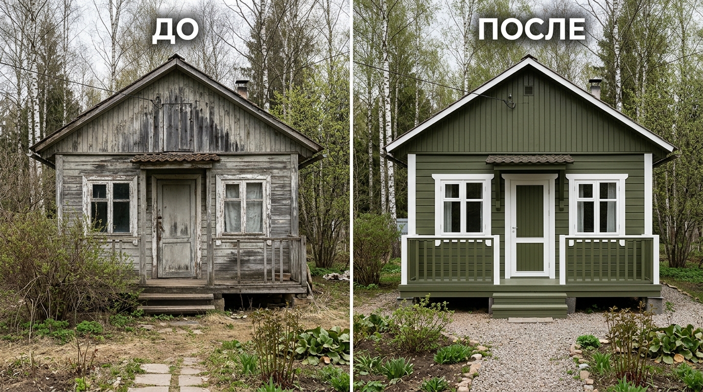 До и после: серая дача из бруса слева и та же дача в тёмно-оливковом цвете с белыми наличниками справа