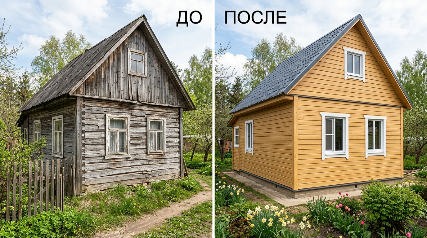 До и после: серая дача из бруса слева и та же дача с обшивкой имитацией бруса медового цвета справа