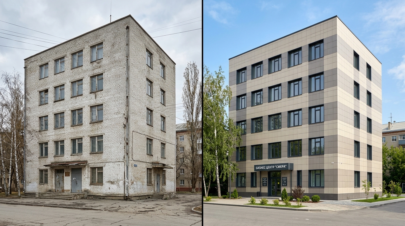До и после: советское здание из силикатного кирпича превращено в современный бизнес-центр с вентилируемым фасадом из керамогранита