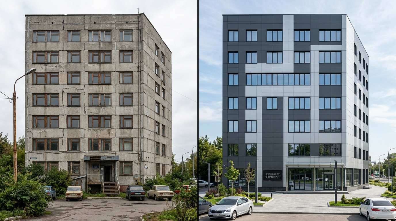 До и после: панельное офисное здание серой советской постройки превращено в современный бизнес-центр с фасадом из алюминиевых композитных панелей