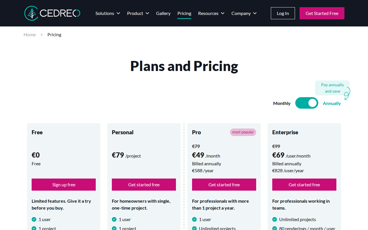 Тарифы Cedreo: Free, Personal €79, Pro €49 в месяц, Enterprise €69 за пользователя