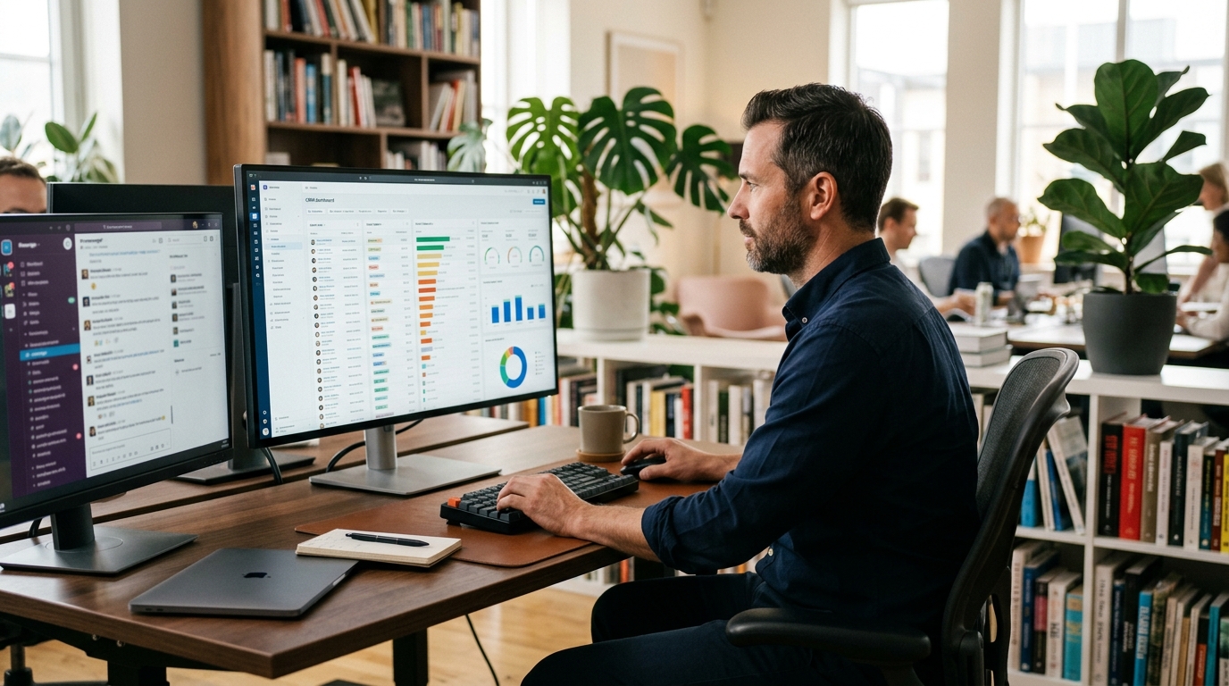 Менеджер смотрит на CRM-дашборд с аналитикой продаж через чат-бота — статистика конверсий и обращений