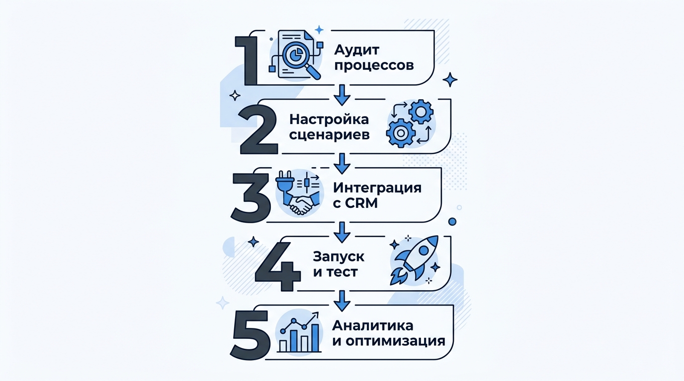 Инфографика: 5 шагов внедрения чат-бота для продаж — аудит процессов, настройка сценариев, интеграция с CRM, запуск и тест, аналитика и оптимизация