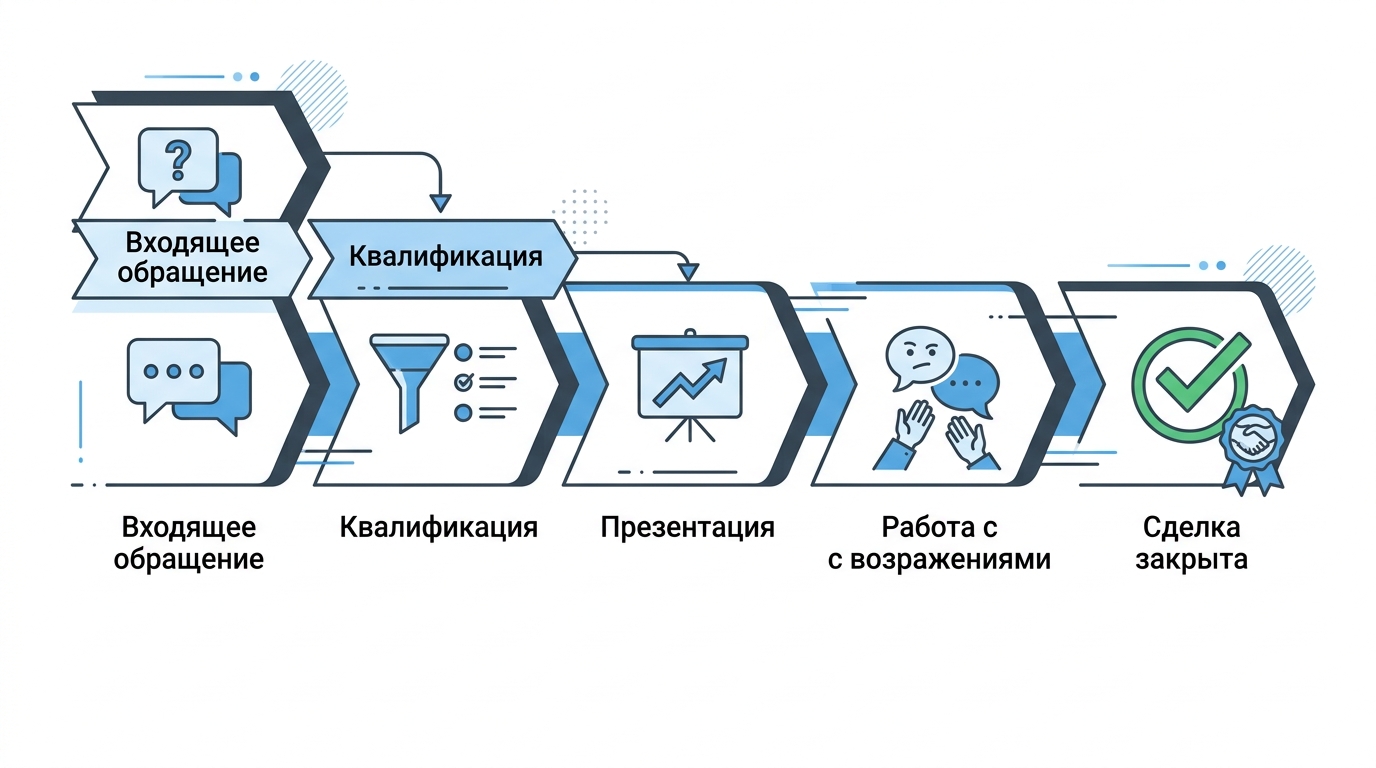 Инфографика: 5 этапов работы чат-бота в воронке продаж — от входящего обращения до закрытия сделки