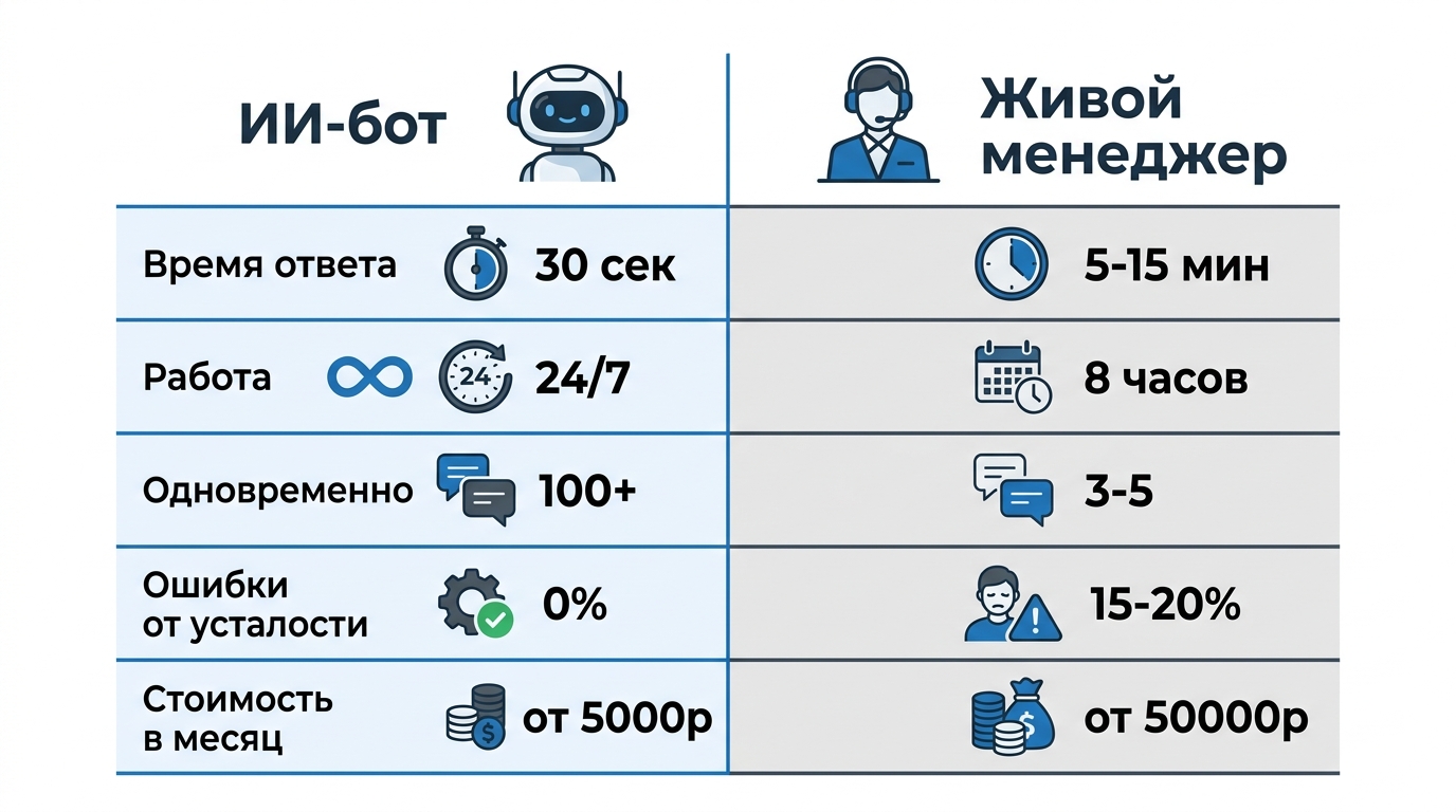 Сравнение ИИ-бота и живого менеджера: время ответа, график работы, количество диалогов, ошибки, стоимость