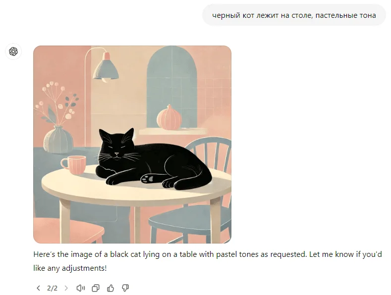 Скриншот ChatGPT — генерация изображения чёрного кота через DALL-E 3 с русским промптом