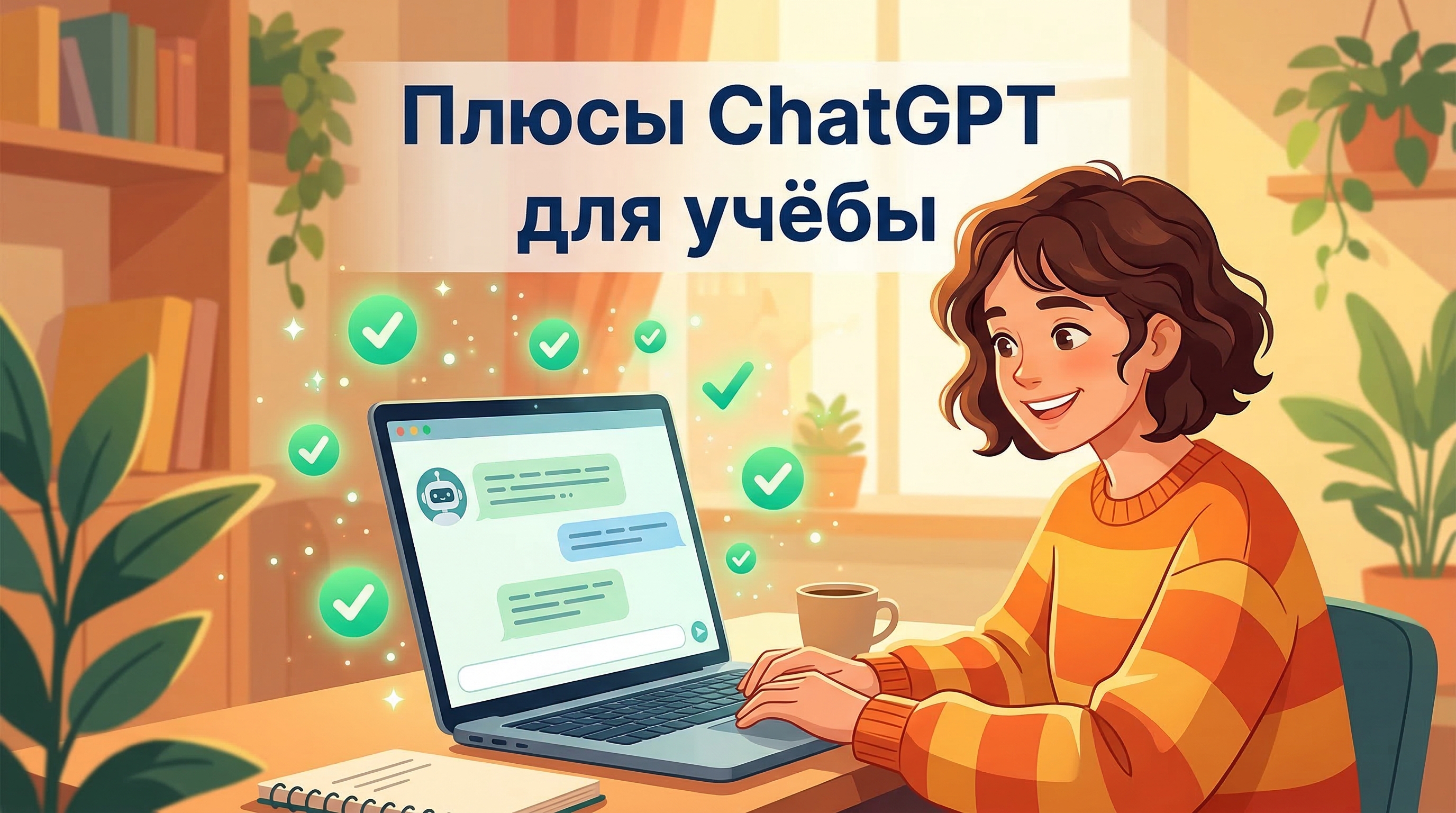 Плюсы ChatGPT для учёбы — иллюстрация со студенткой за ноутбуком