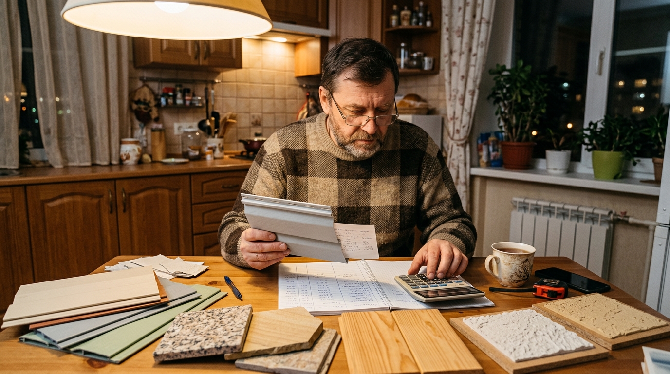 Хозяин сравнивает образцы материалов, цены и сроки службы за столом
