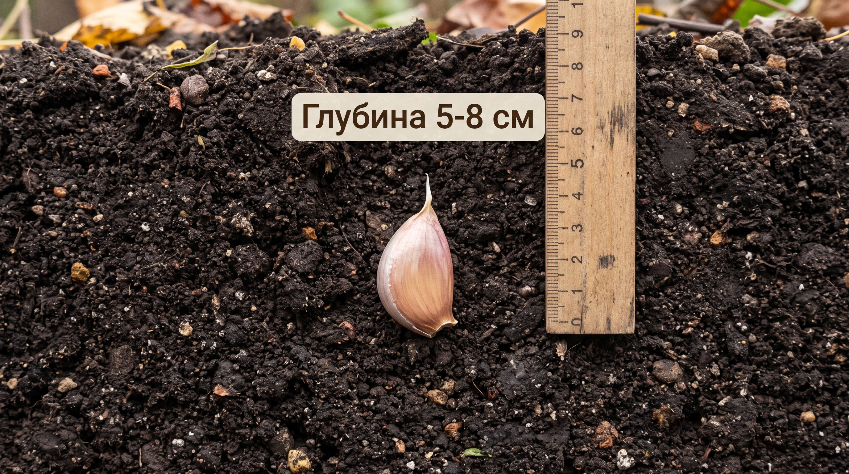Глубина посадки зубка чеснока в разрезе почвы с линейкой