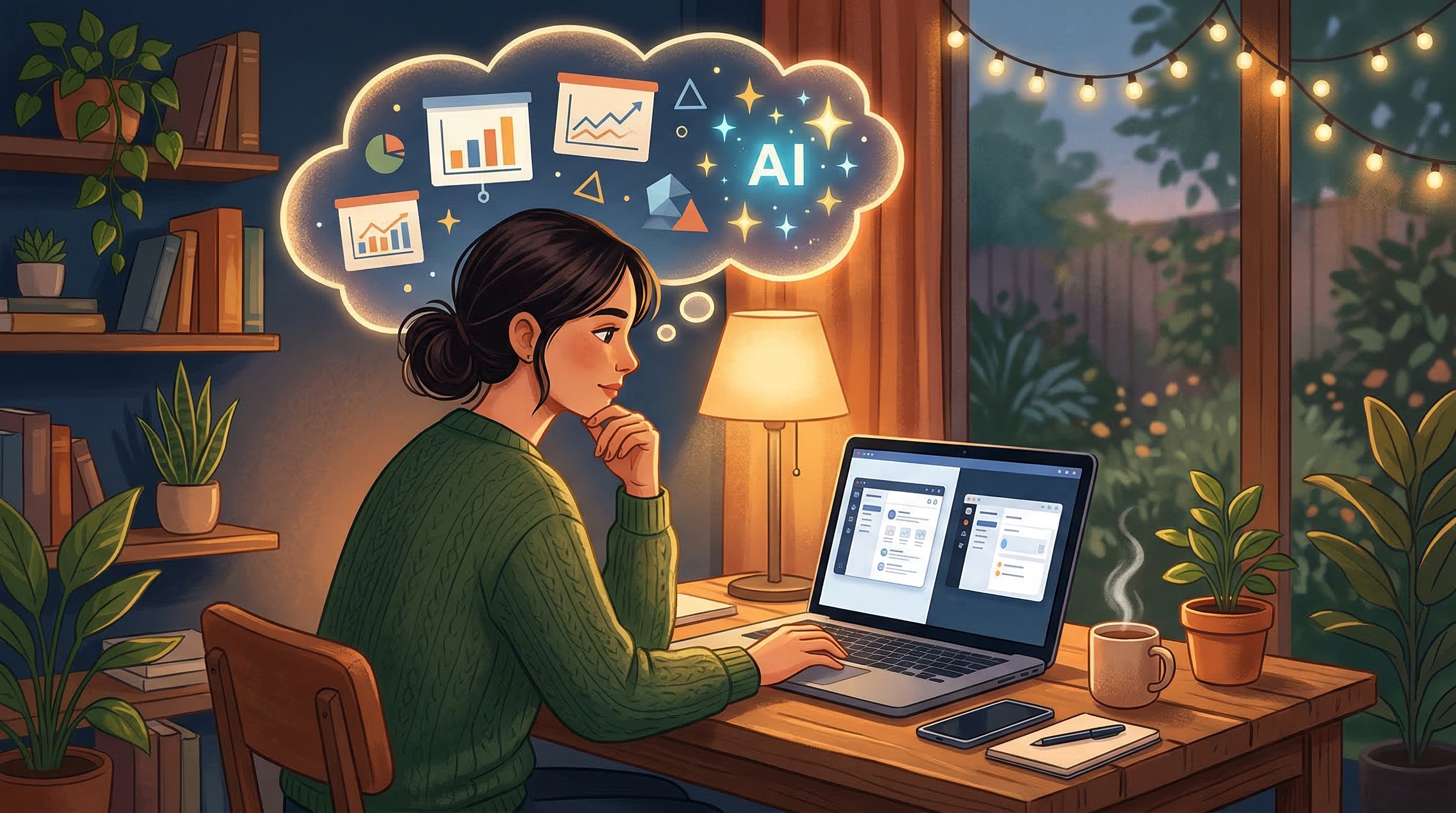 Выбор инструмента для создания презентации — человек за ноутбуком размышляет