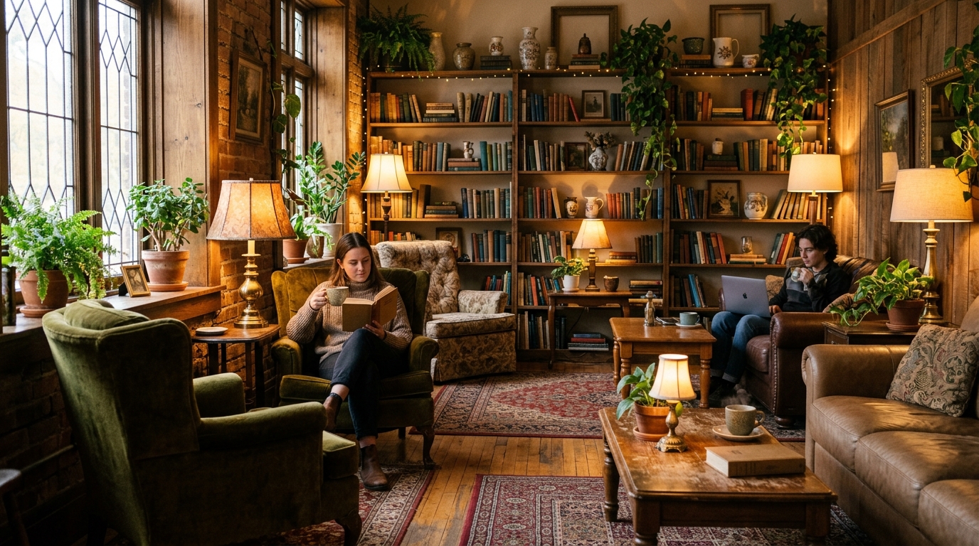 Уютный домашний интерьер кофейни с мягкими креслами, лампами и книжными полками
