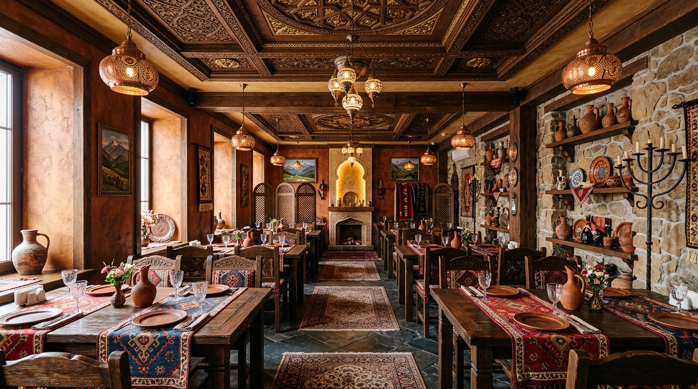 Грузинский ресторан с этническим декором, медные лампы и каменная стена