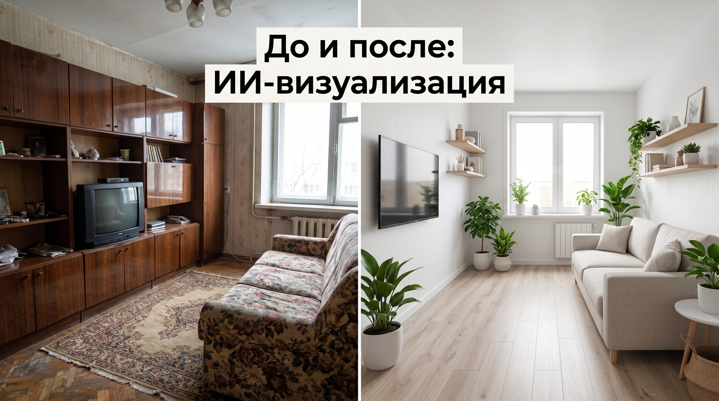 Сравнение комнаты до и после визуализации в конструкторе интерьера