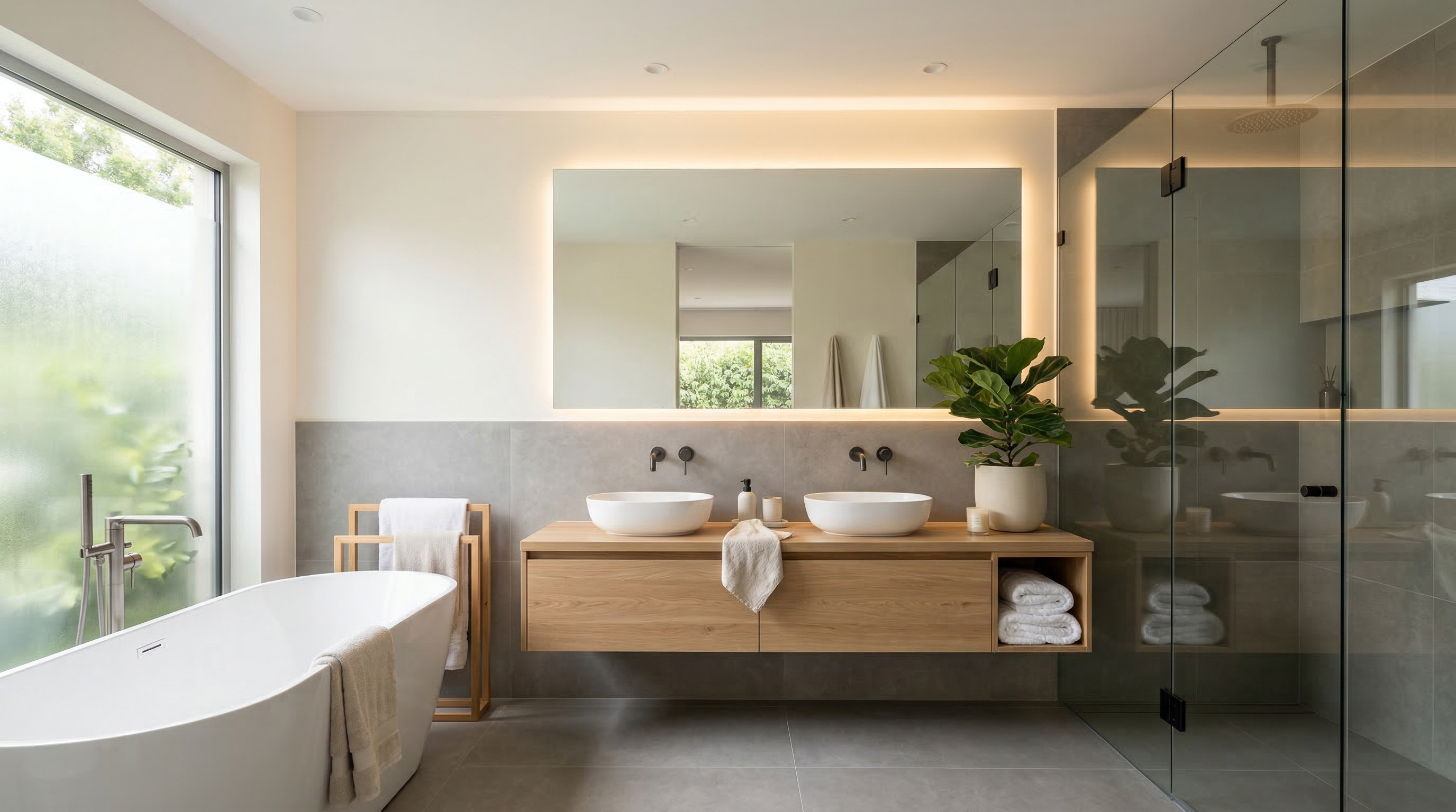 Ванная в стиле контемпорари — отдельно стоящая ванна, крупный керамогранит, деревянная тумба