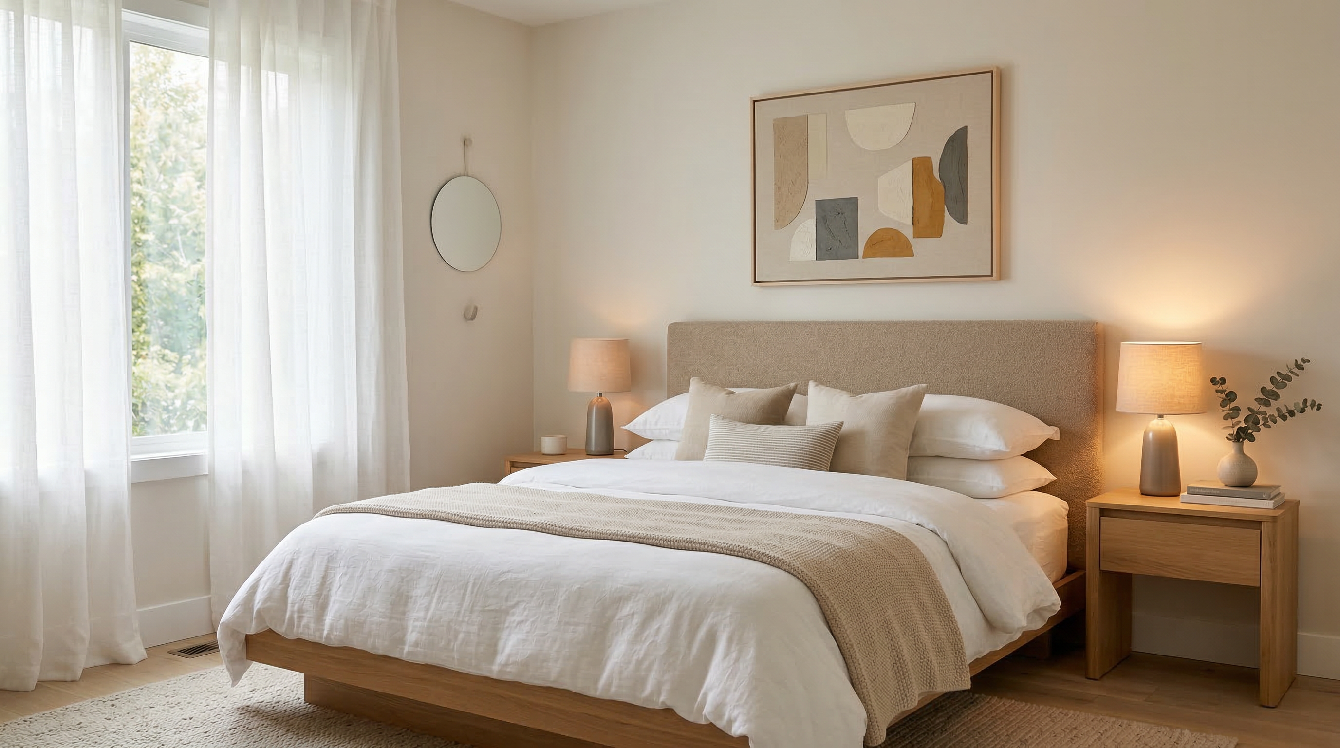 Спальня в стиле контемпорари — кровать с мягким изголовьем, тёплые нейтральные тона