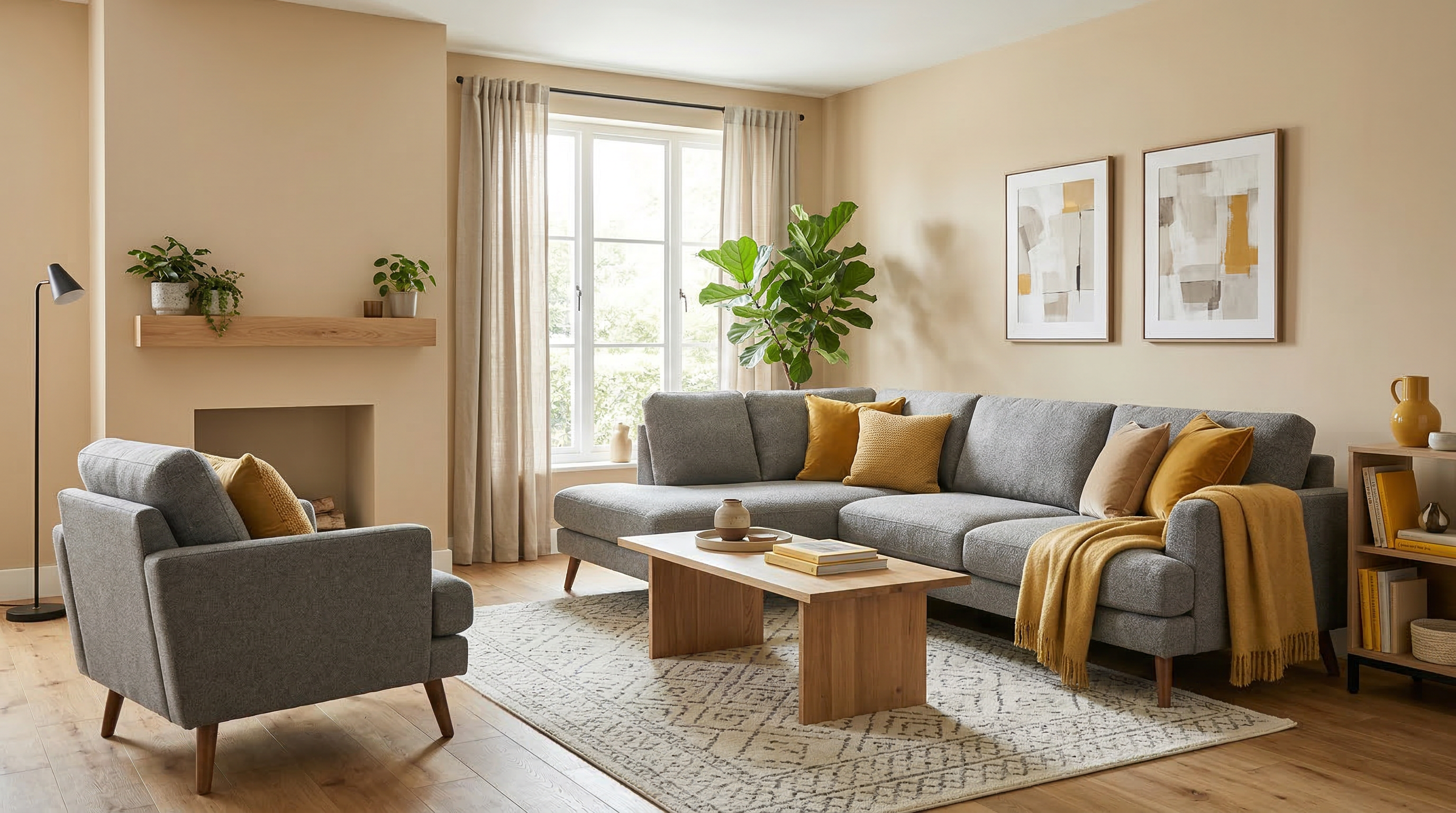 Гостиная в стиле контемпорари — бежевые стены, серая мебель, горчичные акценты