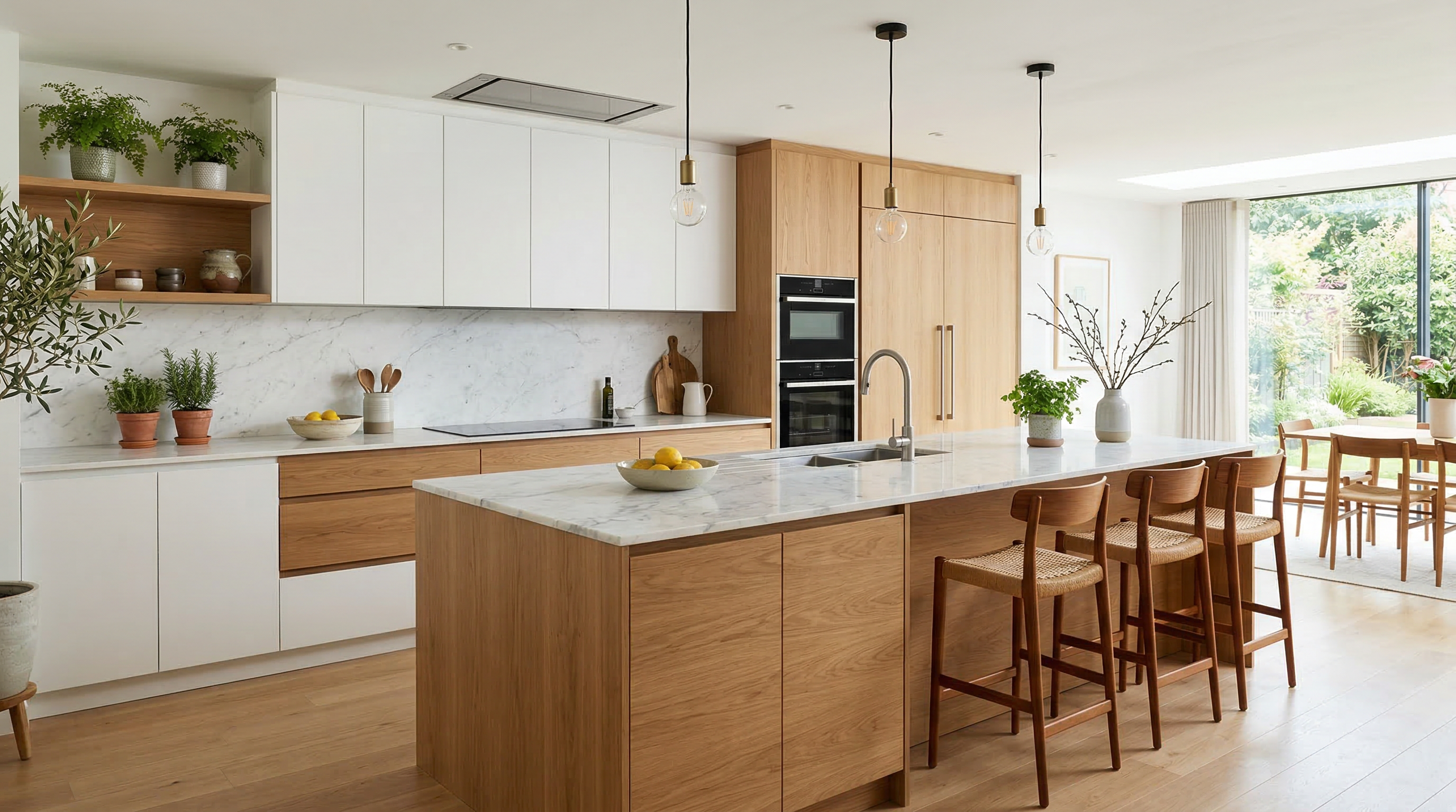 Кухня в стиле контемпорари — фасады без ручек, остров, подвесные светильники