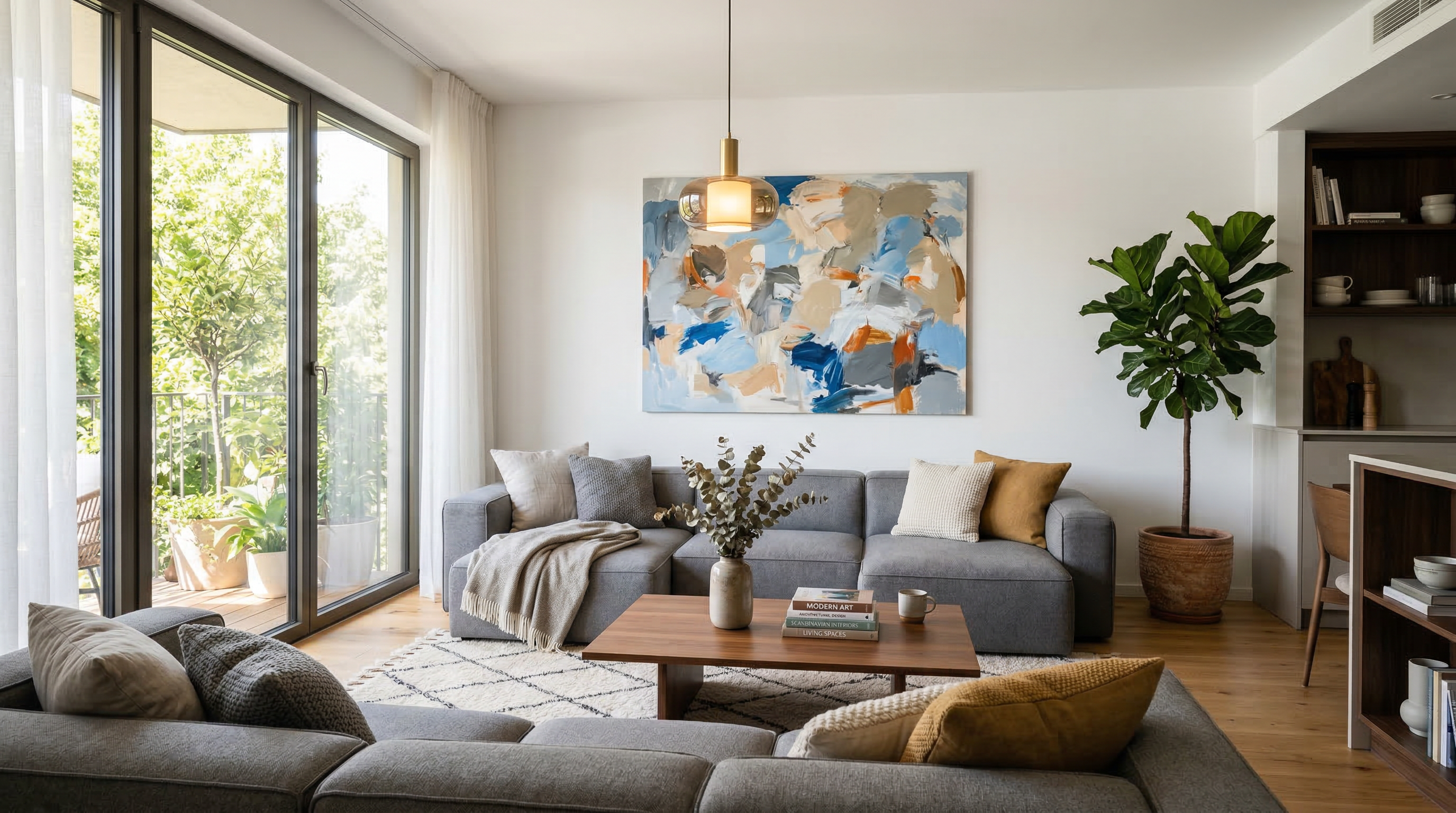 Гостиная в стиле контемпорари — модульный диван, абстрактная картина, панорамные окна