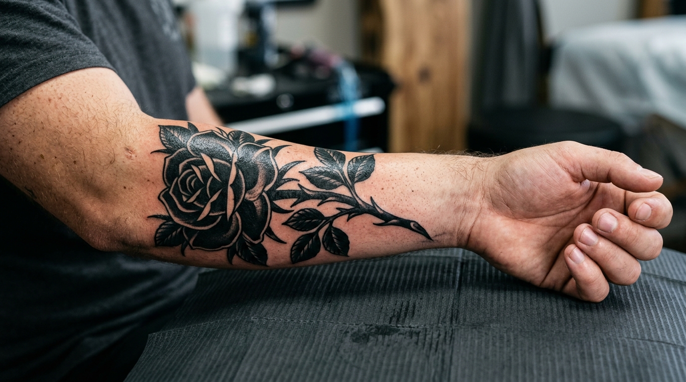 Крупная чёрная роза блэкворк, перекрывающая старое тату на предплечье