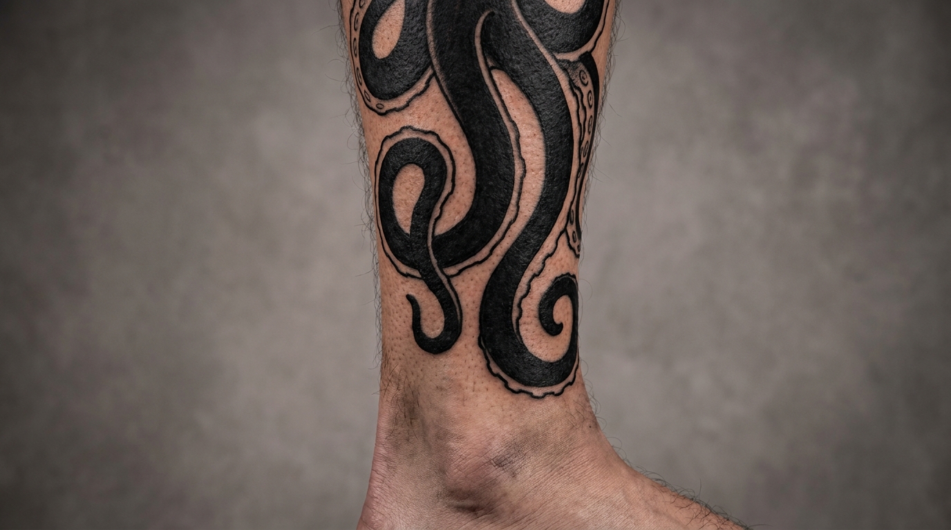 После cover-up: щупальца осьминога в стиле блэкворк на икре