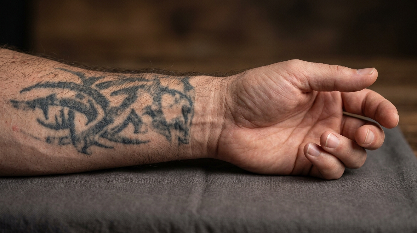 Старая выцветшая трайбл-татуировка на мужском предплечье до перекрытия