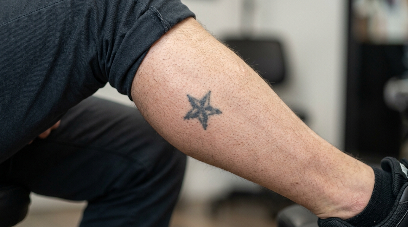 До cover-up: маленькая выцветшая пятиконечная звезда на икре