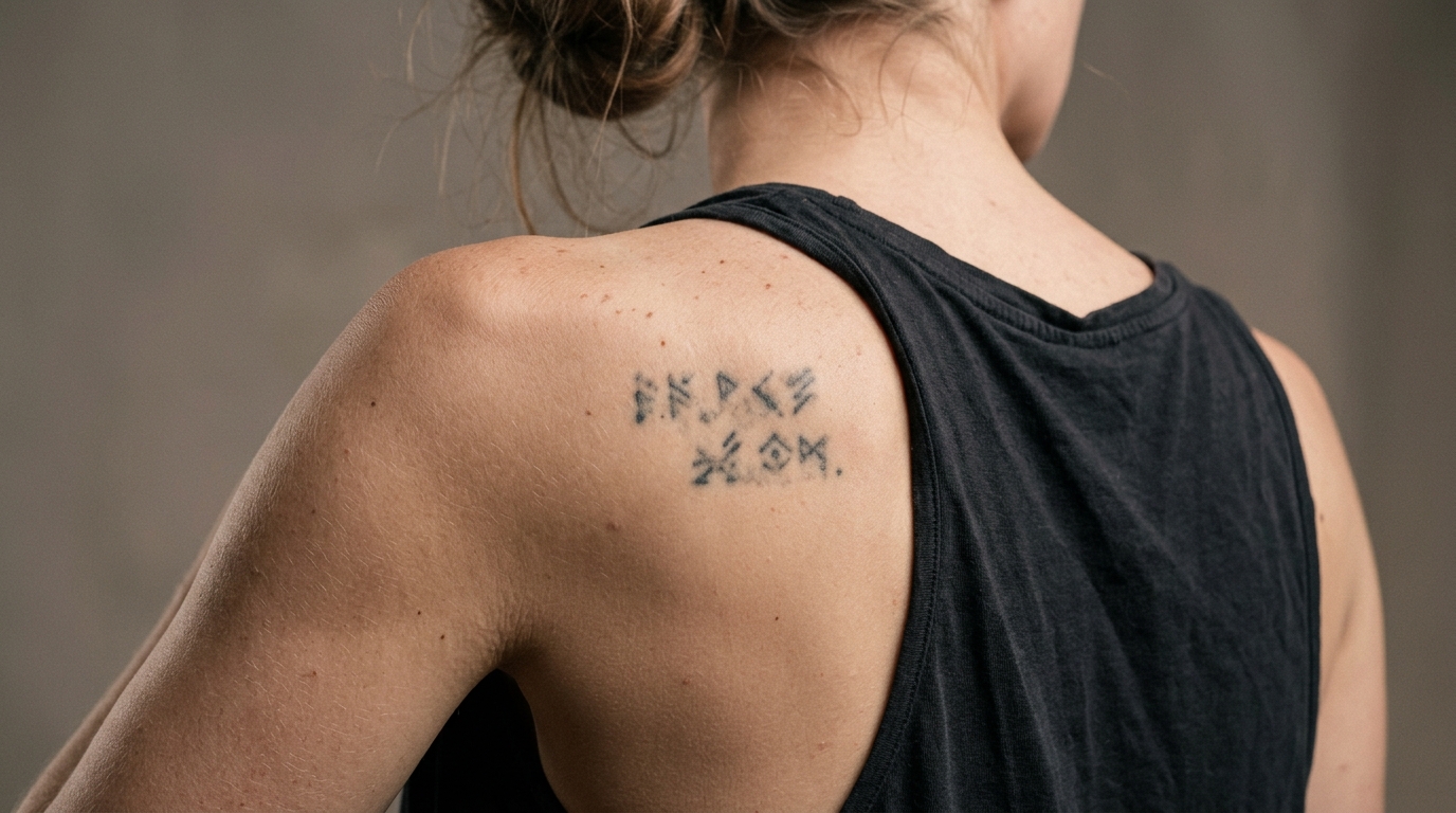 До cover-up: старый выцветший текст на лопатке