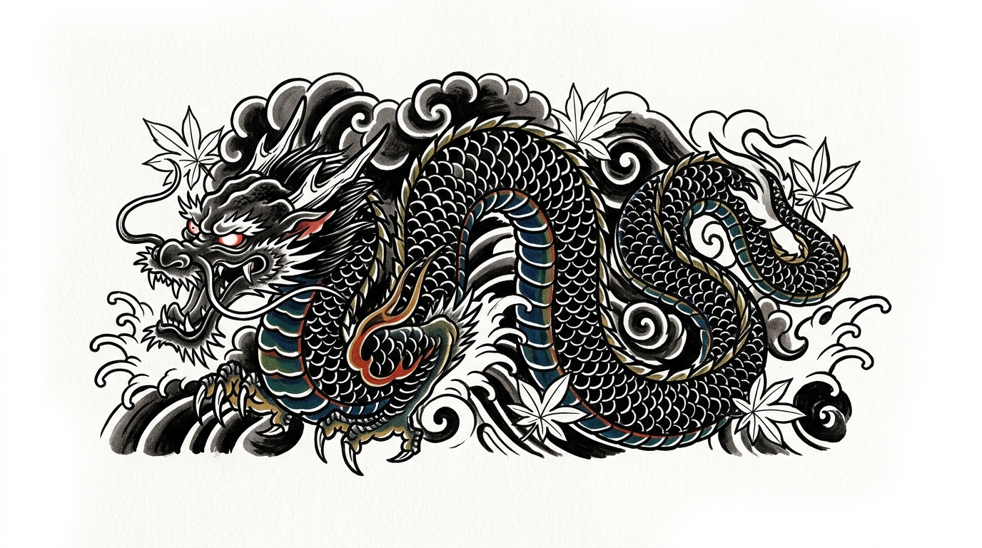 Эскиз японского дракона в стиле irezumi для перекрытия тату