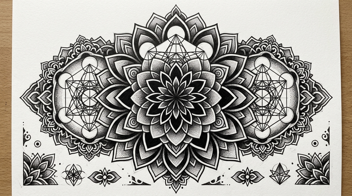 Эскиз мандалы для cover-up с плотным dotwork и симметричным рисунком