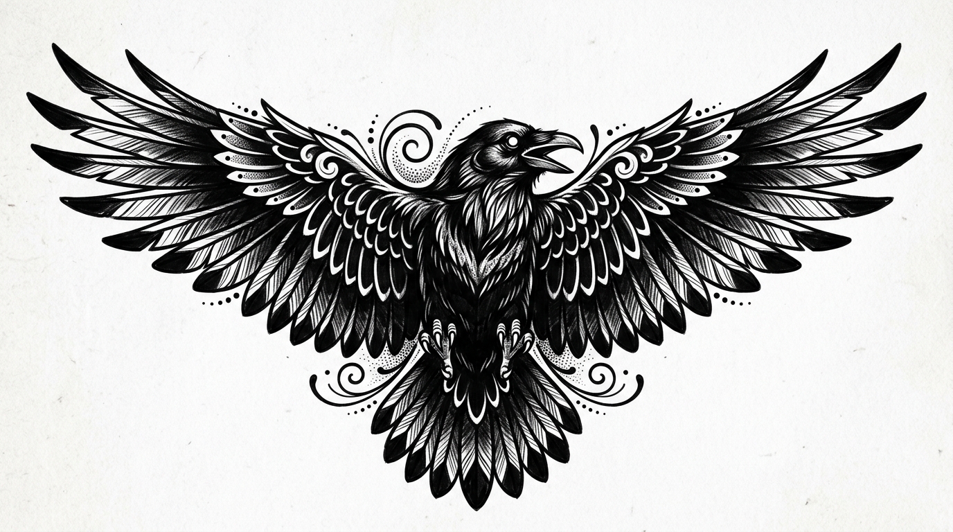 Эскиз ворона с распахнутыми крыльями для перекрытия тату