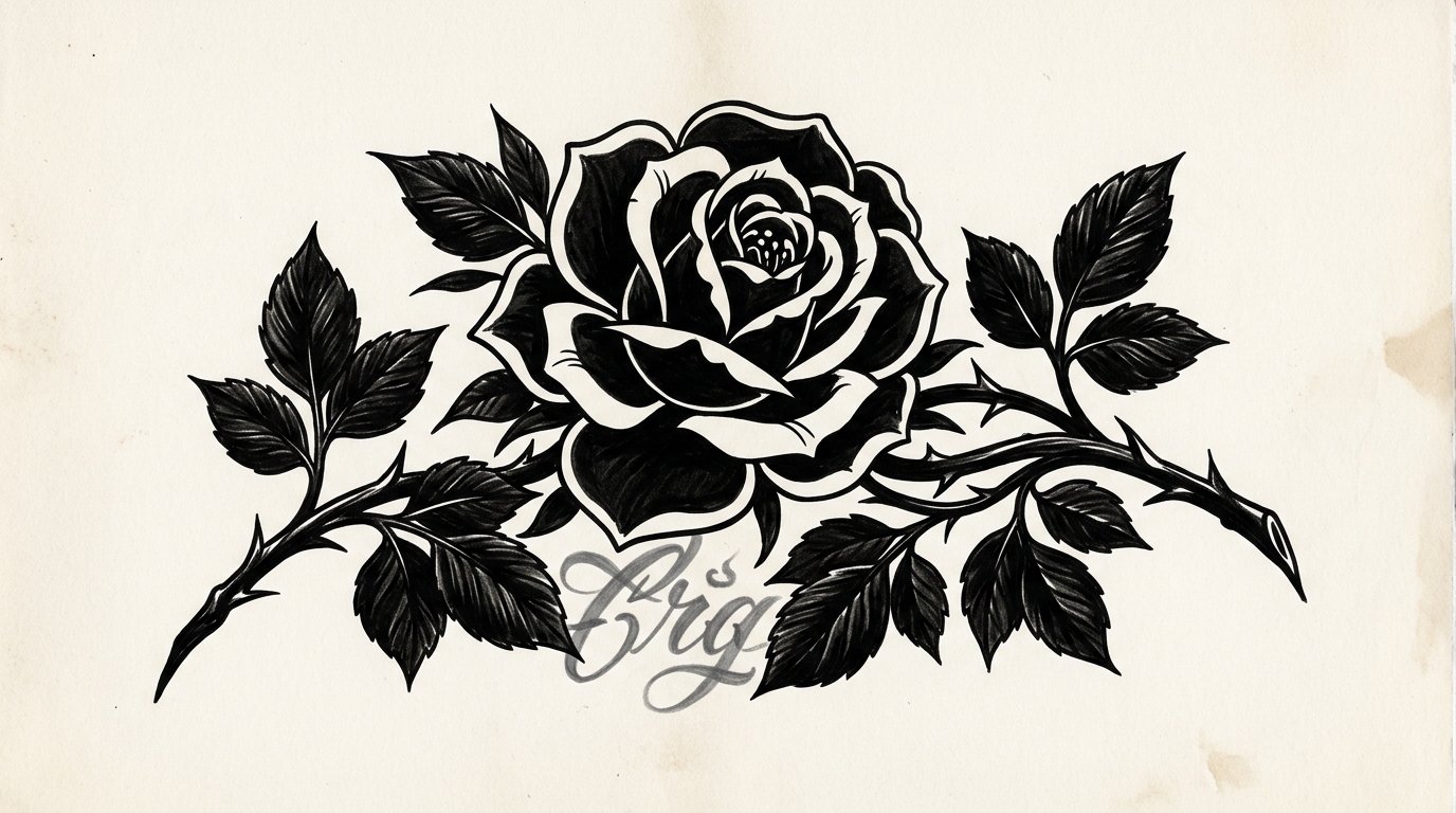 Эскиз крупной чёрной розы в стиле блэкворк с плотными листьями и шипами