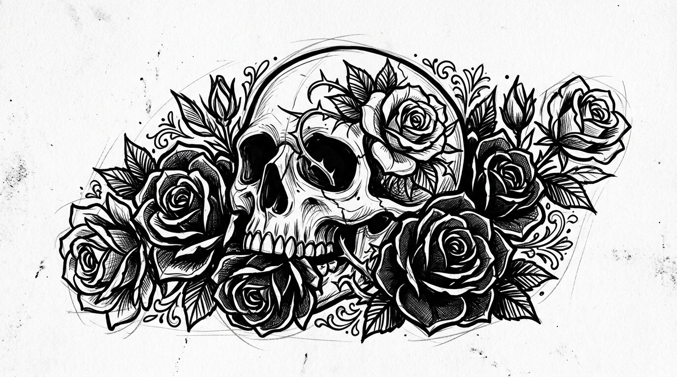 Эскиз черепа с розами в стиле блэкворк для перекрытия старого тату
