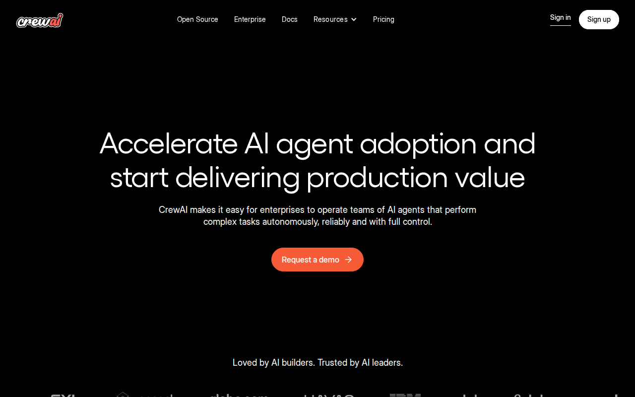Скриншот сайта CrewAI — open-source платформа для мультиагентных систем