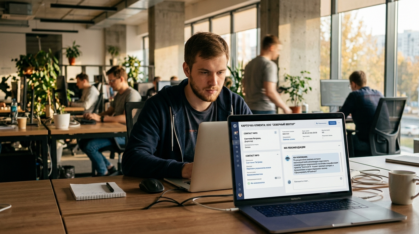 Менеджер работает в CRM с ИИ-ассистентом — рекомендации по следующему шагу в сделке
