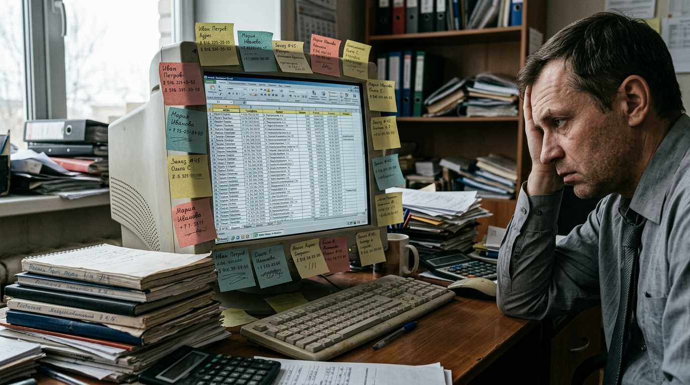Хаос до внедрения CRM — стикеры с контактами клиентов вокруг монитора с Excel