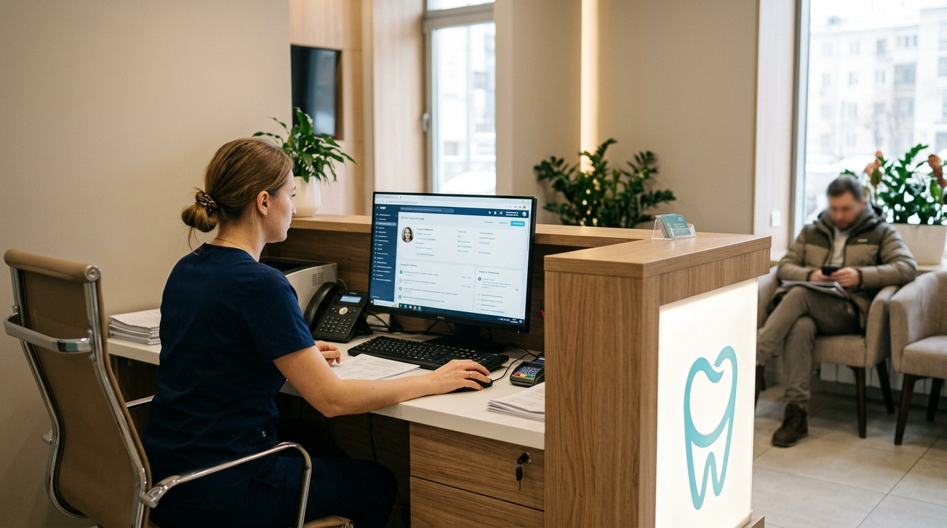 Администратор стоматологической клиники работает с CRM и ИИ-системой записи