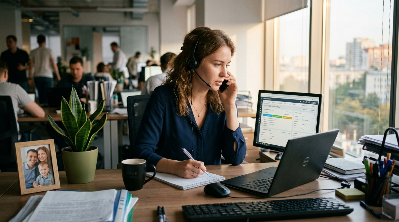 Менеджер по продажам работает в CRM — карточка клиента на экране, блокнот с заметками