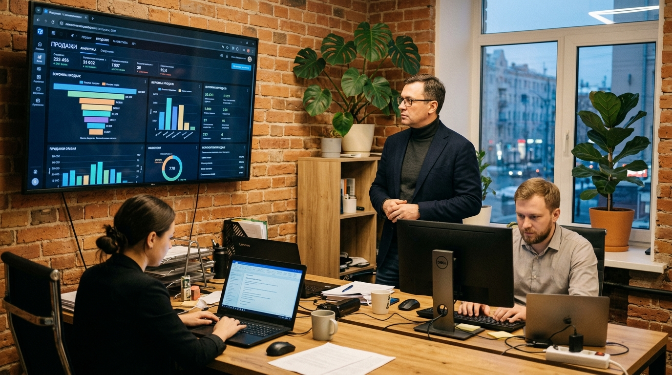 Владелец бизнеса смотрит аналитику продаж на дашборде CRM