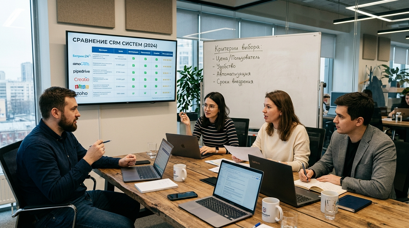 Команда обсуждает выбор CRM-системы — сравнение на экране и чек-лист на доске