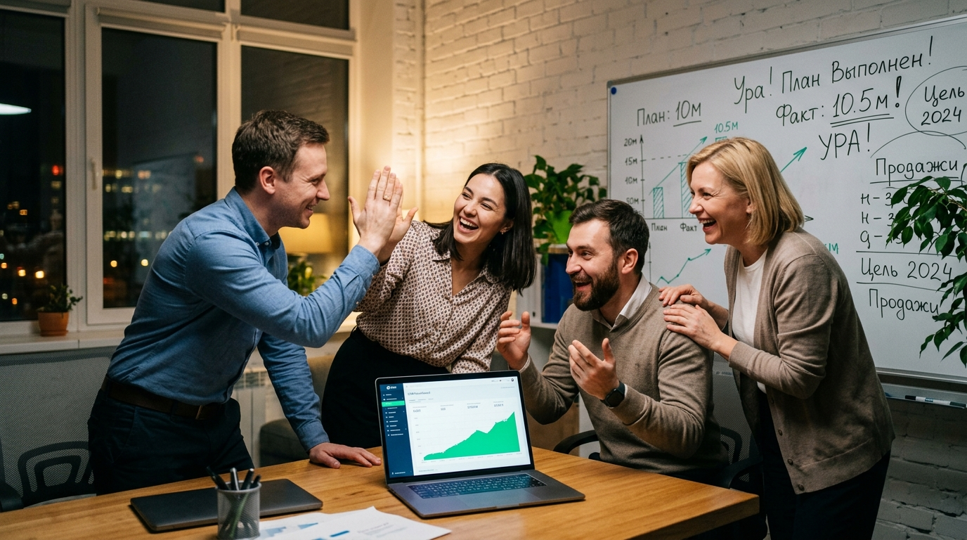 Команда отмечает выполнение плана продаж после внедрения CRM