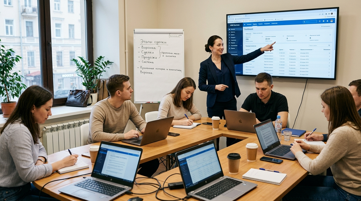 Обучение команды работе в CRM-системе — тренер показывает интерфейс