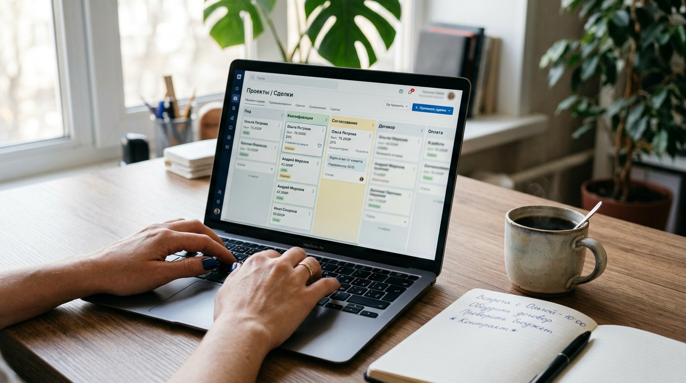 Менеджер работает в CRM-системе на ноутбуке — карточки сделок и воронка продаж