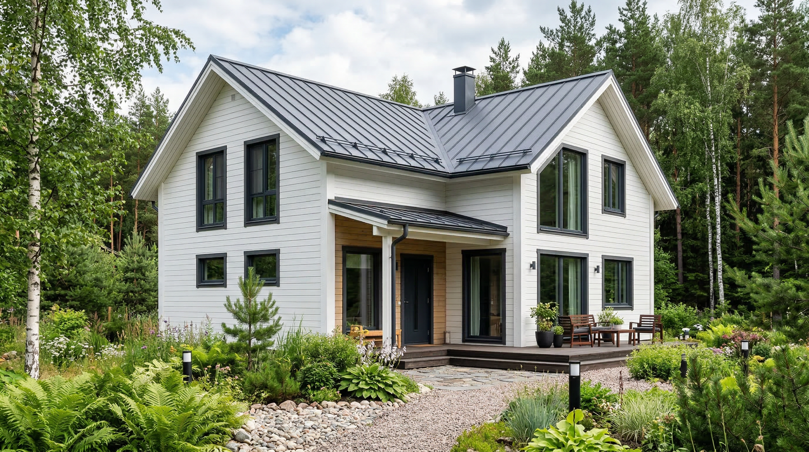 Белый дом с тёмными оконными рамами и кровлей — скандинавский стиль