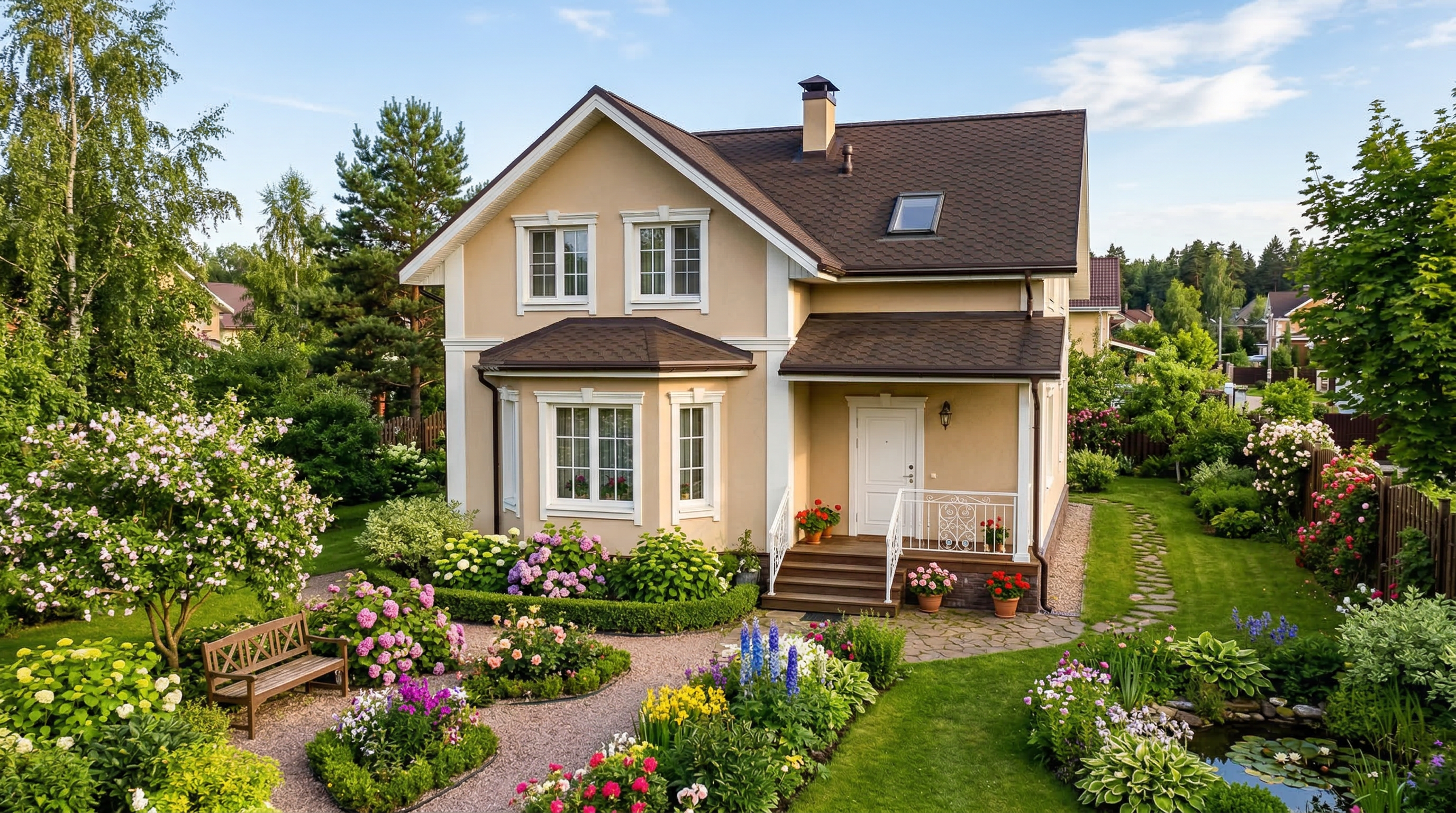 Дом с тёплым бежевым фасадом, белыми наличниками и тёмной кровлей