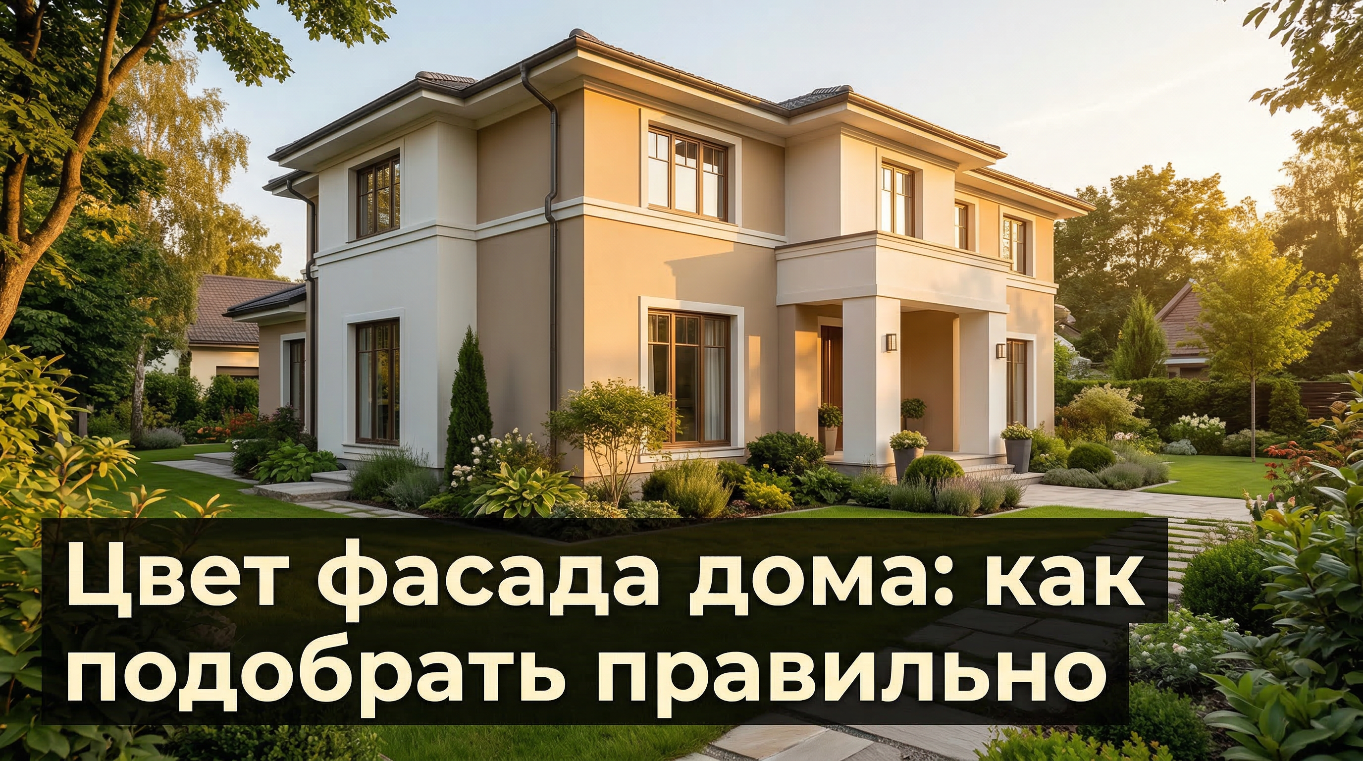 Цвет фасада дома: как подобрать правильно — красивый дом с бежевым фасадом в зелёном саду