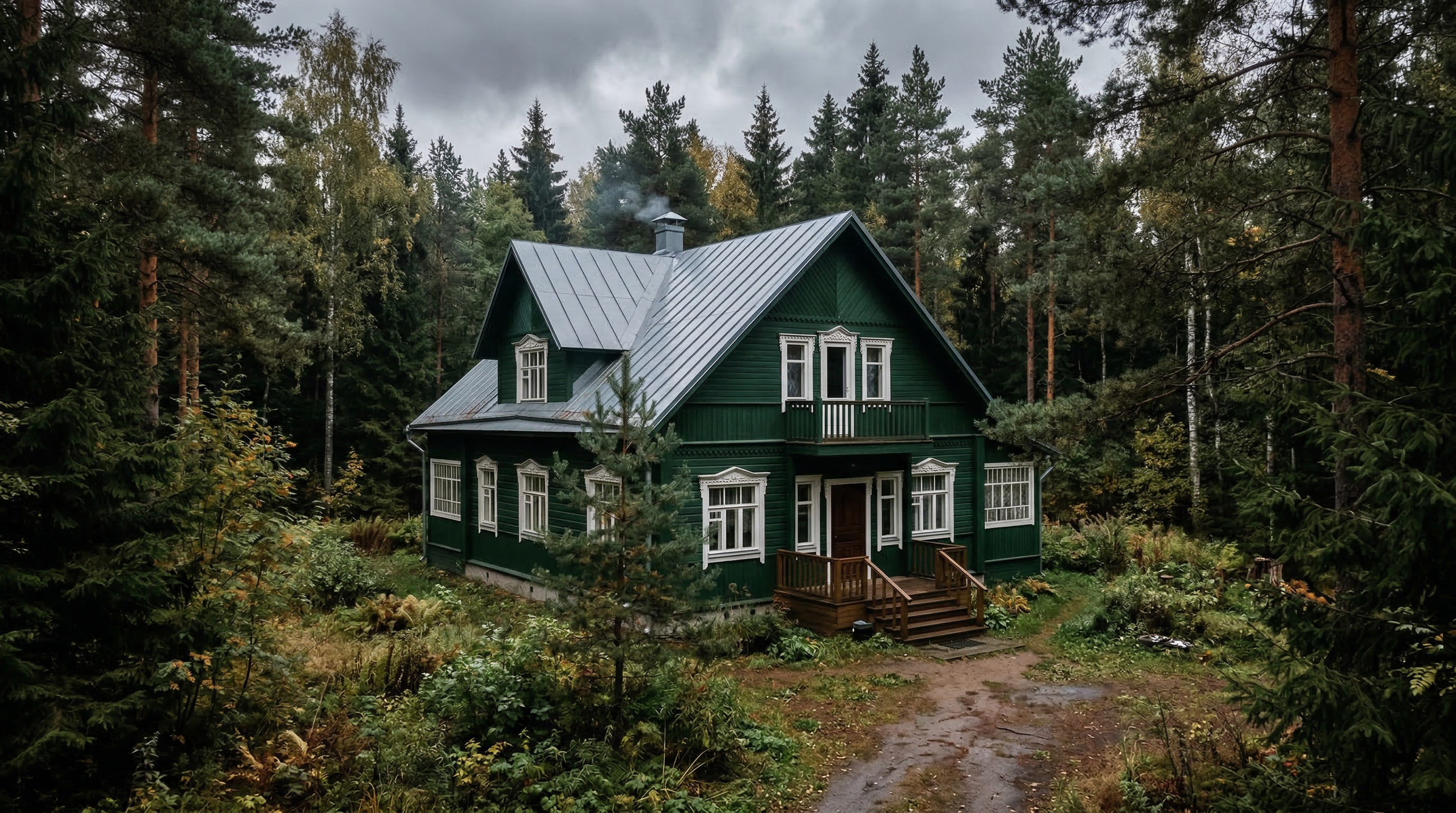Дом с тёмно-зелёным фасадом в лесном окружении — белые наличники и двускатная кровля