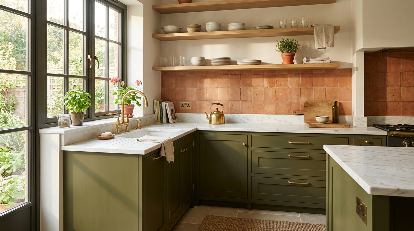 Модная кухня 2026 года: оливковые шкафы, терракотовый фартук, мраморная столешница