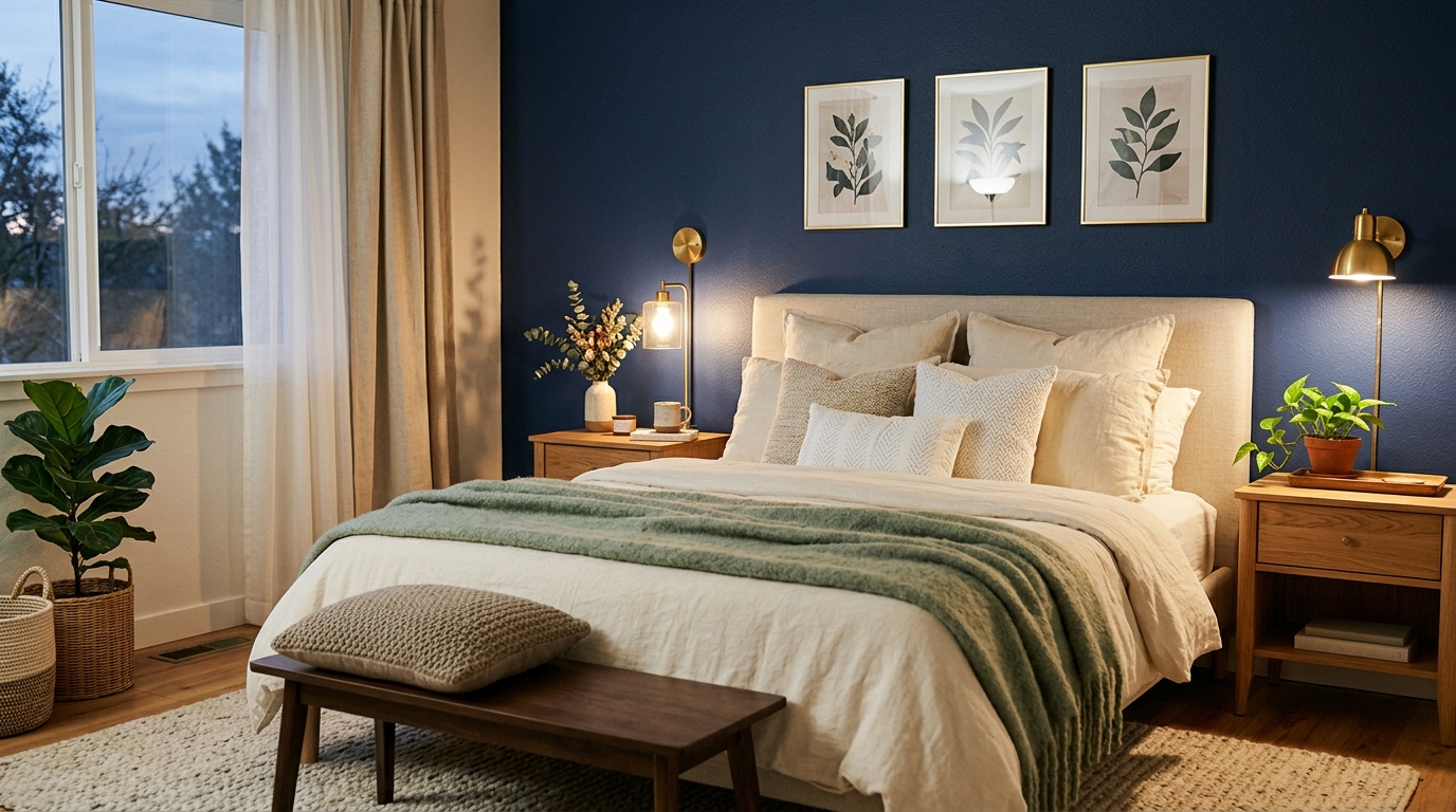 Спальня в модных цветах 2026: глубокий индиго на стене, кремовый текстиль
