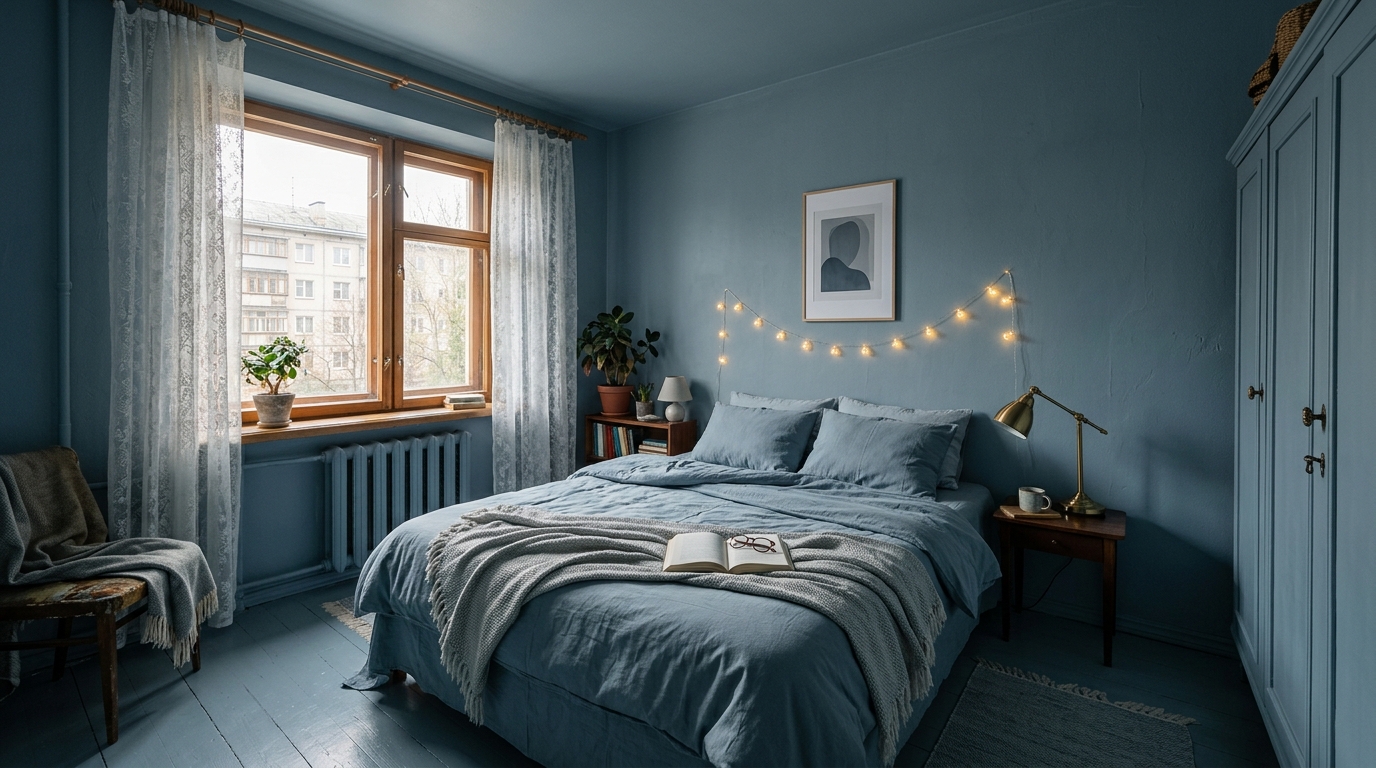 Спальня в технике color drenching — стены и потолок в одном тоне
