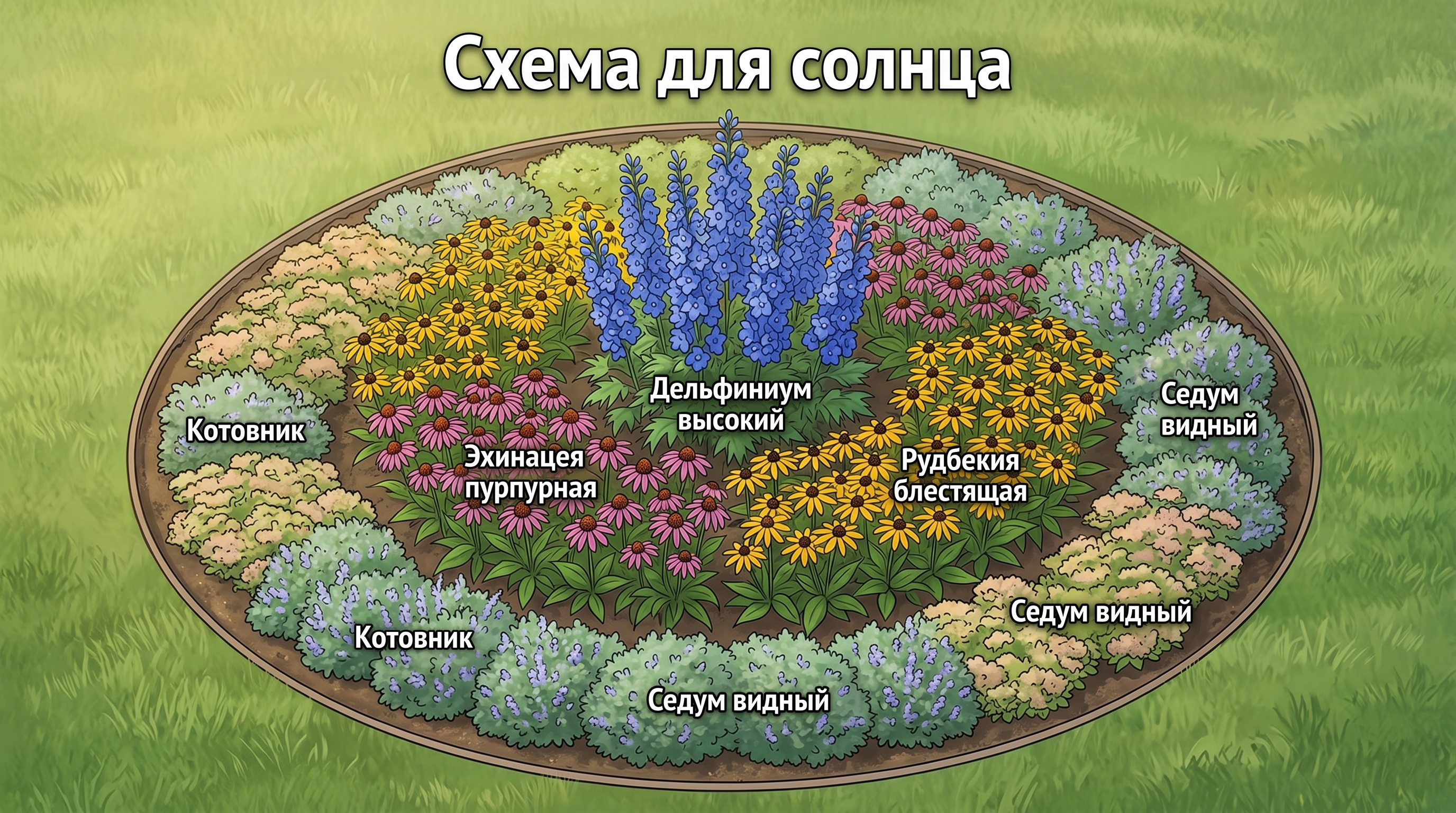Схема солнечного цветника непрерывного цветения с раскладкой растений